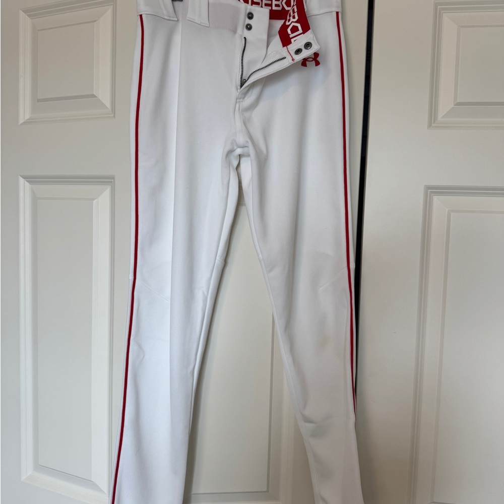 Under Armour White Youth Large Piped Baseball Pants with Red Stripe